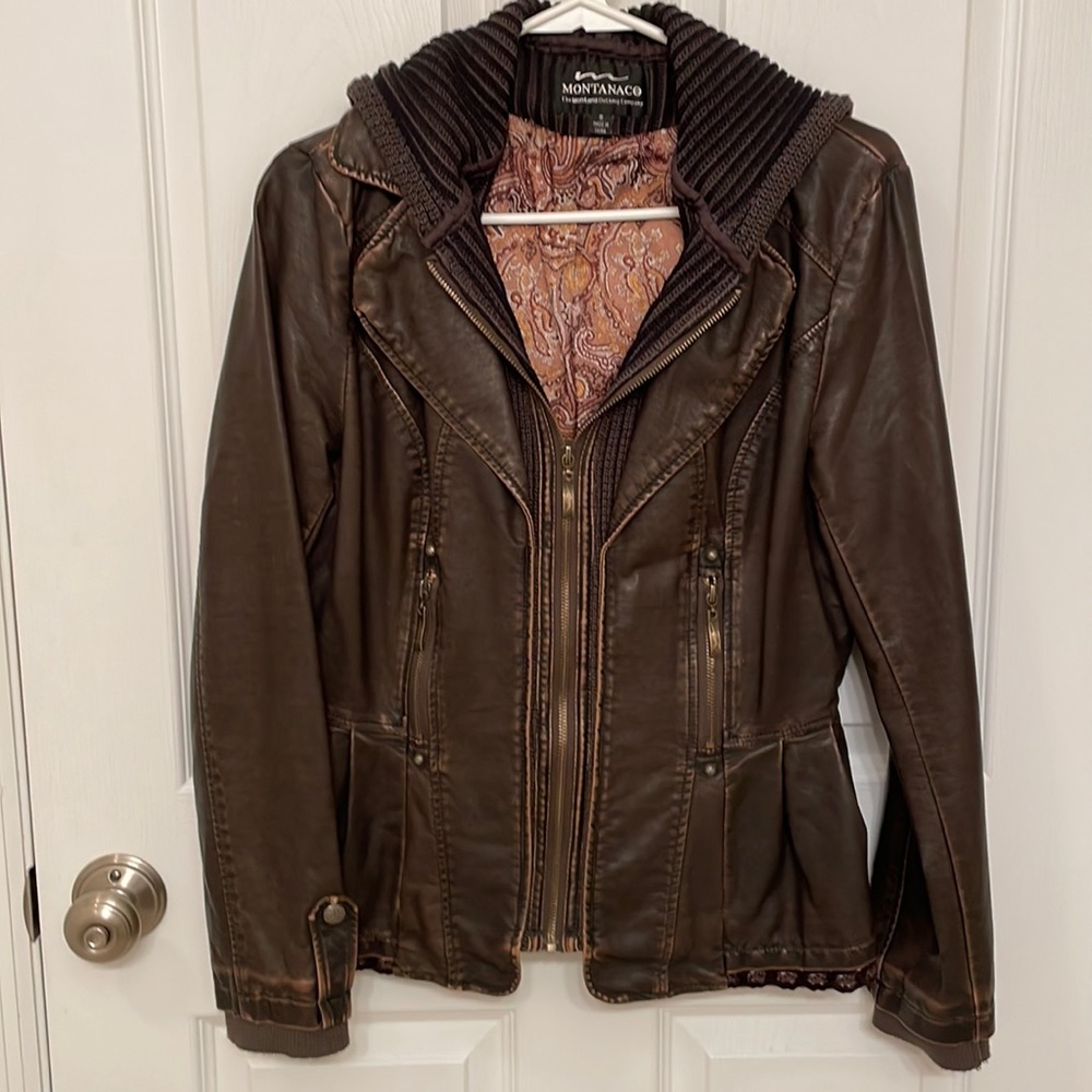 Brown Faux Leather Jacket with Sweater Hood